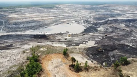 Aerial view panorama of open pit coal mining, dumper, extractive industry e.. Stock Footage 286400665