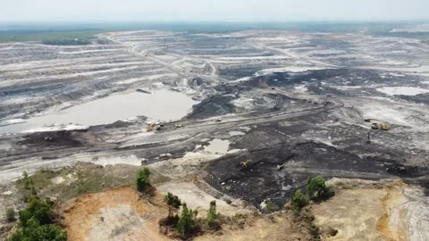 Aerial view panorama of open pit coal mining, dumper, extractive industry e.. Stock Footage 286400774