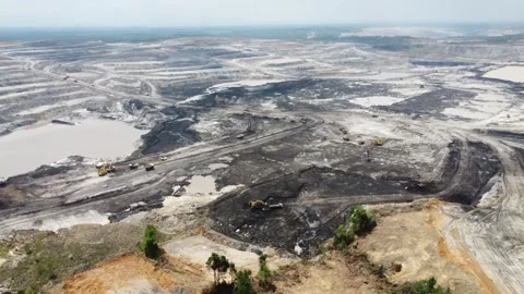 Aerial view panorama of open pit coal mining, dumper, extractive industry e.. Stock Footage 286401014