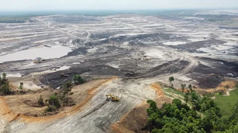 Aerial view panorama of open pit coal mining, dumper, extractive industry e.. Stock Footage 286401451