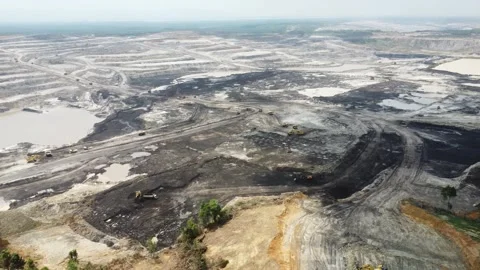 Aerial view panorama of open pit coal mining, dumper, extractive industry e.. Stock Footage 286402442