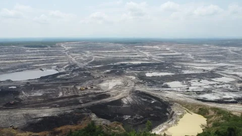 Aerial view panorama of open pit coal mining, dumper, extractive industry e.. Stock Footage 286402576