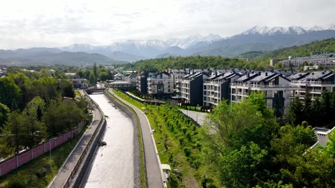 Aerial view panorama of river and mountains in Almaty Stock Footage 242352012