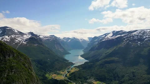 Aerial view, Panorama view over Loen and the inner part of nordfjord, Norway. Lo Stock Footage 303010653