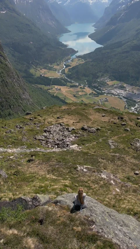 Aerial view, Panorama view over Loen and the inner part of nordfjord, Norway. Lo Stock Footage 303176163