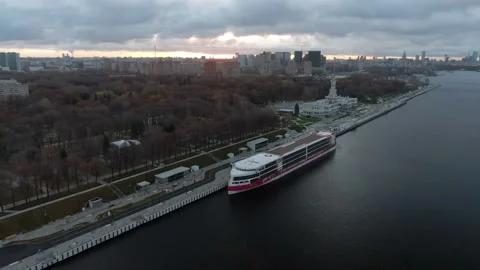 Aerial view panoramic cityscape river port with ships Stock Footage 142742322