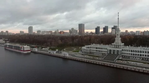 Aerial view panoramic cityscape river port with ships Video stock 142742332