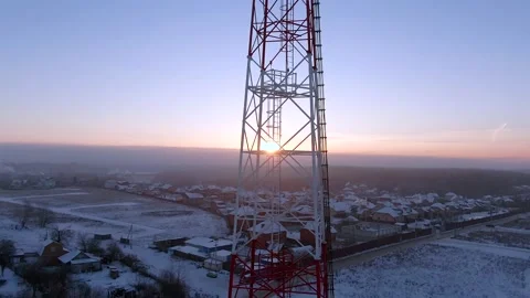 Aerial view panoramic landscape of cell towers at dawn in winter Stock Footage 144982440