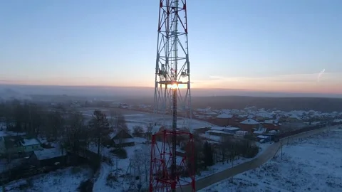 Aerial view panoramic landscape of cell towers at dawn in winter Video stock 144982447