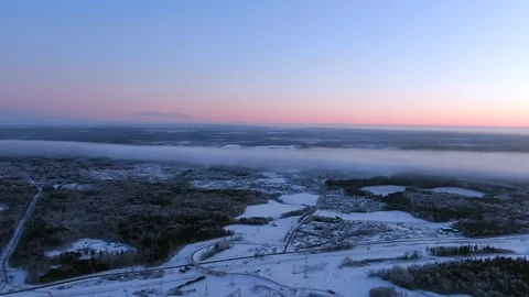 Aerial view a panoramic landscape of winter nature in the golden hour of dawn Stock Footage 124417061