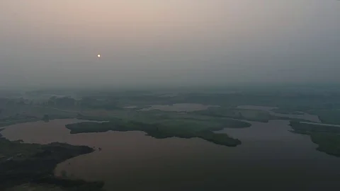 Aerial View. Panoramic summer morning landscape. The picturesque landscape with Stockbeeldmateriaal 75435641