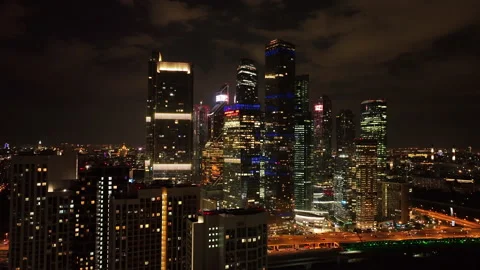 Aerial view. Panoramic view of Moscow city buildings in the night illumination.  Stock Footage 219495367