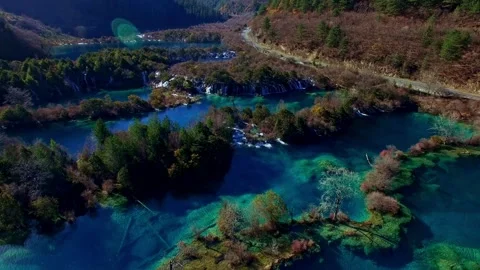 Aerial View of Panoramic Water System in Jiuzhaigou Sichuan China Video stock 336883632