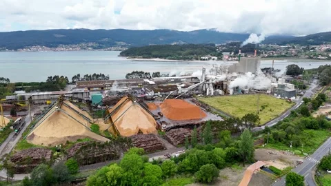 Aerial view of paper mill and industrial wood processing Stock Footage 334823639