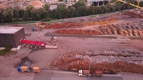 Aerial view of a paper mill log yard with a log loader at dawn, Austria 스톡 동영상 344689739