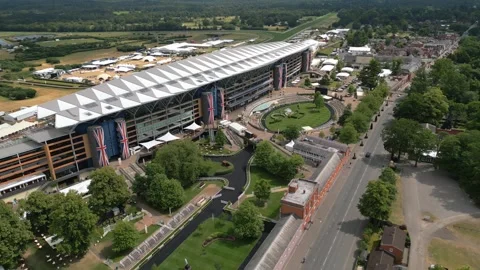 Aerial view of the Parade ring and Grandstand, Ascot Racecourse, Berkshire, UK. Stock Footage 278246454