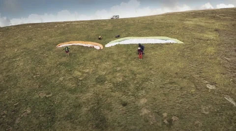 Aerial view of paragliders preparing to take off. Spain Stock Footage 44143534