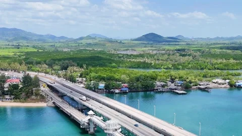 Aerial View of Parallel Bridges Over Turquoise Water in Phuket Thailand Stock-Footage 326093960
