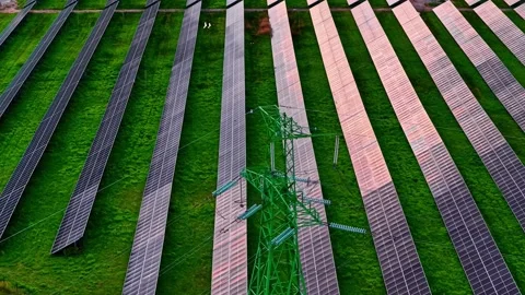 Aerial view of parallel solar panel rows with a tall transmission tower rising Stock-Footage 323920218