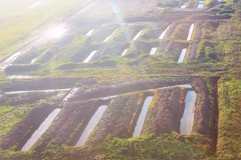 Aerial view of parallel trenches dug into land Foto stock