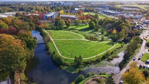Aerial view of Parc de Champagné with river and autumn trees in Cesson-Sévigné Video stock 328624459