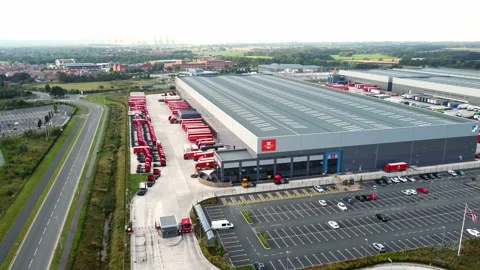 Aerial view parcel post distribution hub logistics lorry cargo containers Stock Footage 162258670