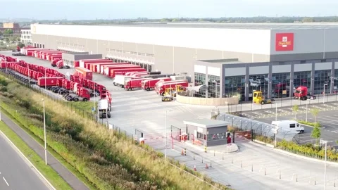 Aerial view parcel post distribution hub logistics lorry cargo containers Stock Footage 162258981