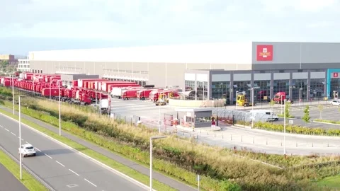Aerial view parcel post distribution hub logistics lorry cargo containers Stock Footage 162259302