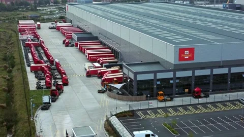 Aerial view parcel post distribution hub logistics lorry cargo containers Stock Footage 162259339