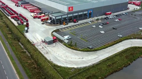 Aerial view parcel post distribution hub shipping lorry cargo containers Stock Footage 162259363