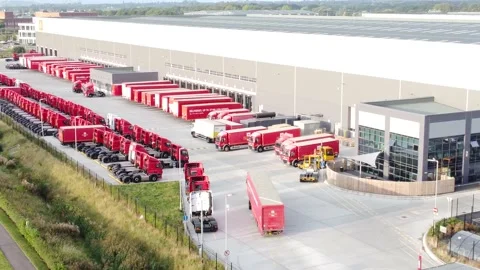 Aerial view parcel post distribution hub logistics lorry cargo containers Stock Footage 162259404
