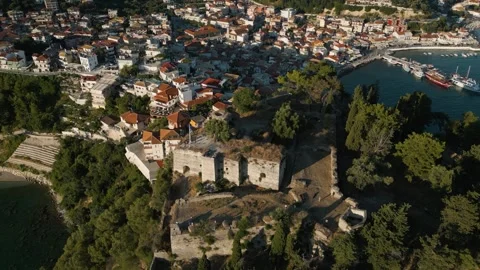Aerial view of Parga castle Stock Footage 284674617