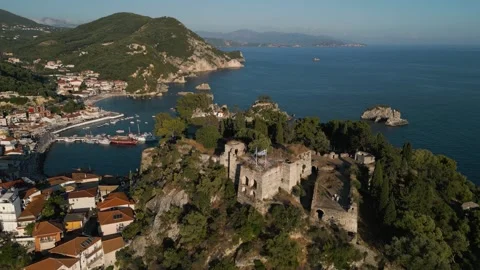 Aerial view of Parga castle Stock Footage 284674904