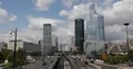 Aerial View of Paris City La Defense Skyline Metro Train and Cars Traffic Street 4k or 4k+ Resolution