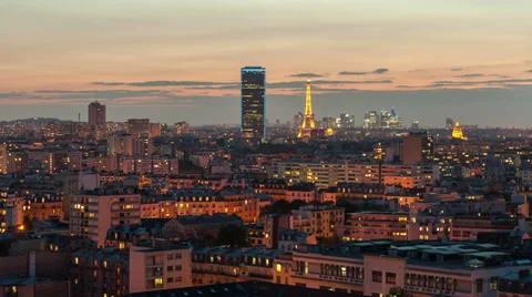Aerial view of Paris with Eiffel Tower and Tour Montparnasse time lapse 1080p Stock Footage