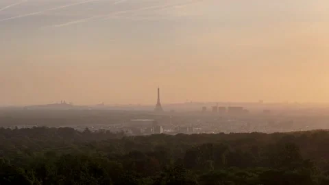 Aerial view of Paris - Eiffel Tower from St Cloud at sunrise in september 03 Stock Footage 307384641