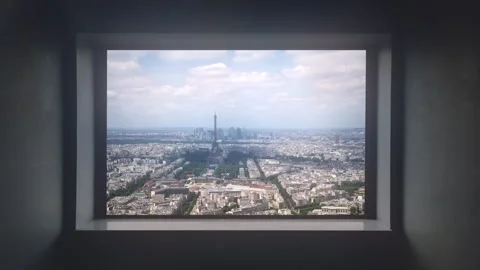 Aerial View Of Paris With Eiffel Tower On Horizon Through Window Zoom In Vídeos de archivo 341493257