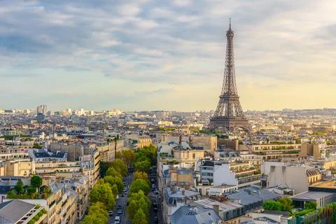 Aerial view of Paris with Eiffel Tower and Champs Elysees from the roof of the Stock Photos