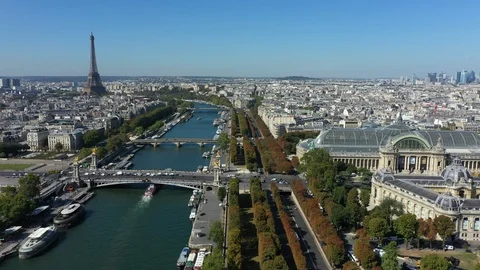 Aerial view of Paris France with Seine River and Grand Palais Stock Footage