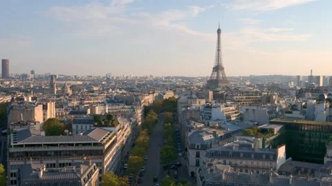 Aerial View of Paris Skyline with Eiffel Tower at Sunset Stock Footage 313574272