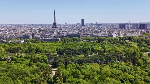 Aerial view of Paris skyline with Eiffel Tower and Bois de Boulogne, France Stock Footage 336250400