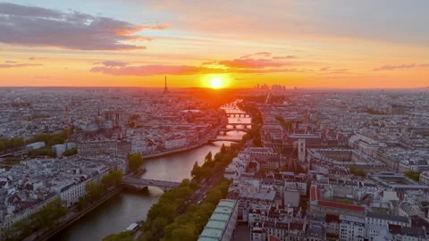 Aerial view Parisian landmarks, Eiffel Tower, elegantly framed at dusk. France Stock Footage 308456372