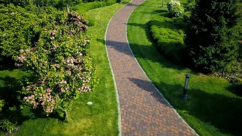Aerial view. Park with a path, green grass and trees. Landscape design Video stock 89652276