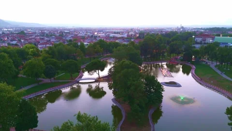 Aerial view a park with a pond. Stock Footage 284657248