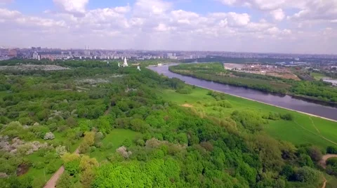 Aerial view of park with river Stock Footage 63137681