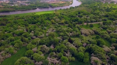 Aerial view of park with river Stock Footage 63137689