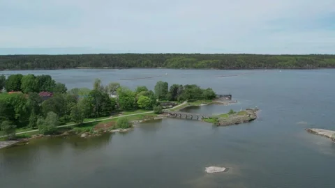 Aerial View Park Skracklan, surrounded by Vanern, Vanersborg, Sweden 動画素材 344849910