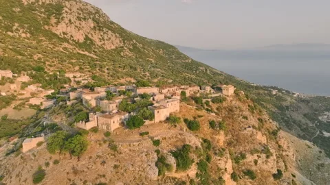 Aerial view of partly abandoned mountain village of Qeparo, Albania Stock Footage 211635341