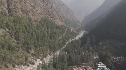 Aerial View of Parvati Valley with River, Houses and Pine Deodar Forests Stock-Footage 321107517