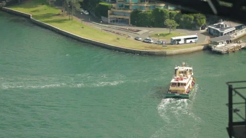 Aerial View of Passenger Ferry Approaching Wharf in Sydney Harbour, Australia Stock Footage 345724143